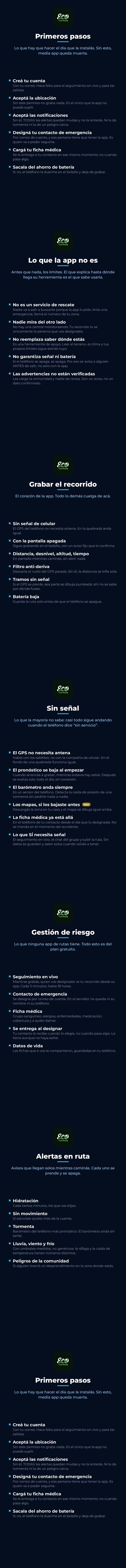 Funciones de Ecosendapp: primeros pasos, límites de la app, grabar el recorrido, uso sin señal, gestión de riesgo y alertas en ruta